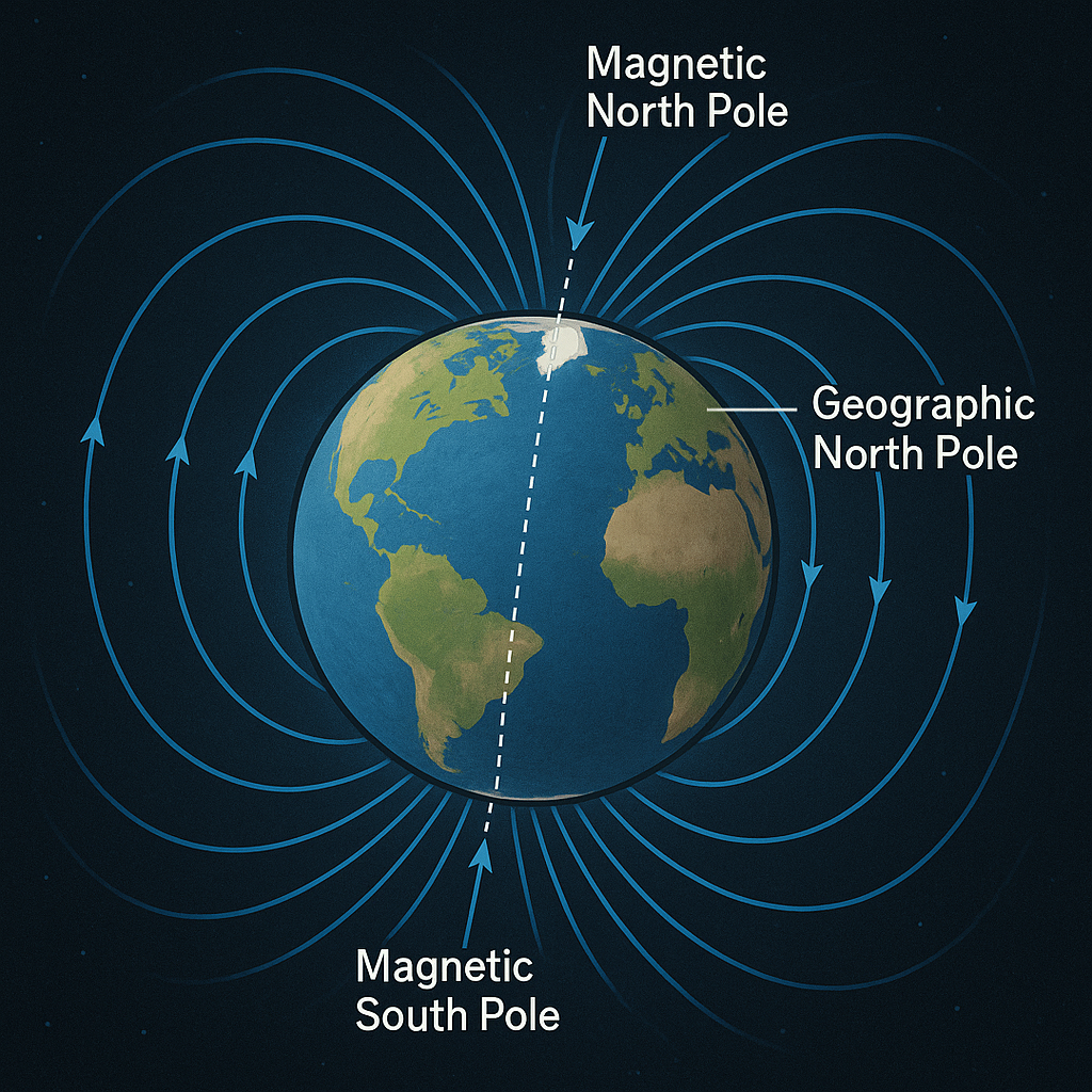Earth's magnetic field illustration showing field lines and the difference between magnetic north and geographic north poles.