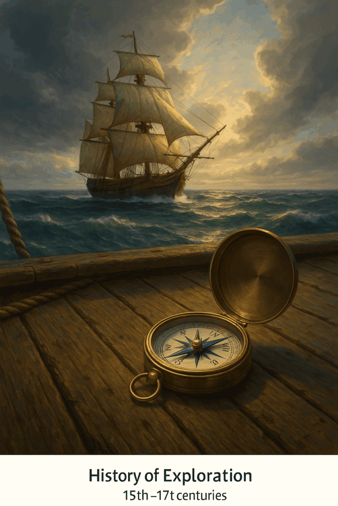 Magnetic compass on the deck of an Age of Exploration sailing ship at sea.