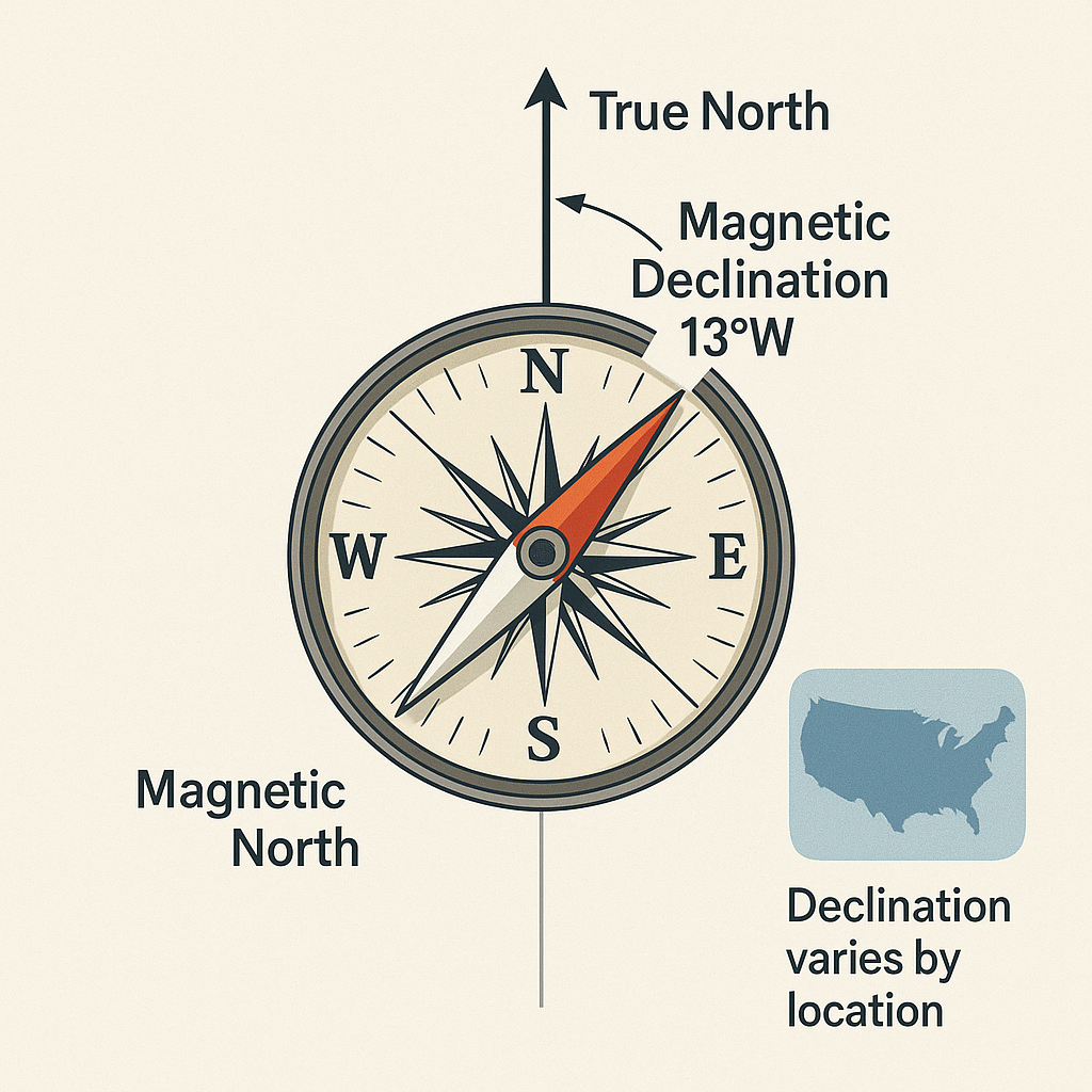 Diagram illustrating magnetic declination angle between true north and magnetic north on a compass.
