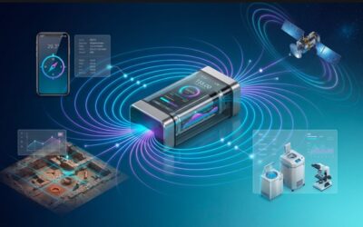 Modern magnetometer instrument with magnetic field visualization and diverse application icons including smartphones, satellites, and scientific research.