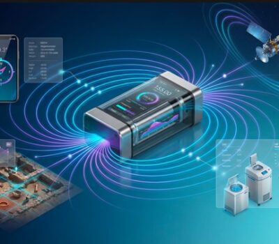 Modern magnetometer instrument with magnetic field visualization and diverse application icons including smartphones, satellites, and scientific research.