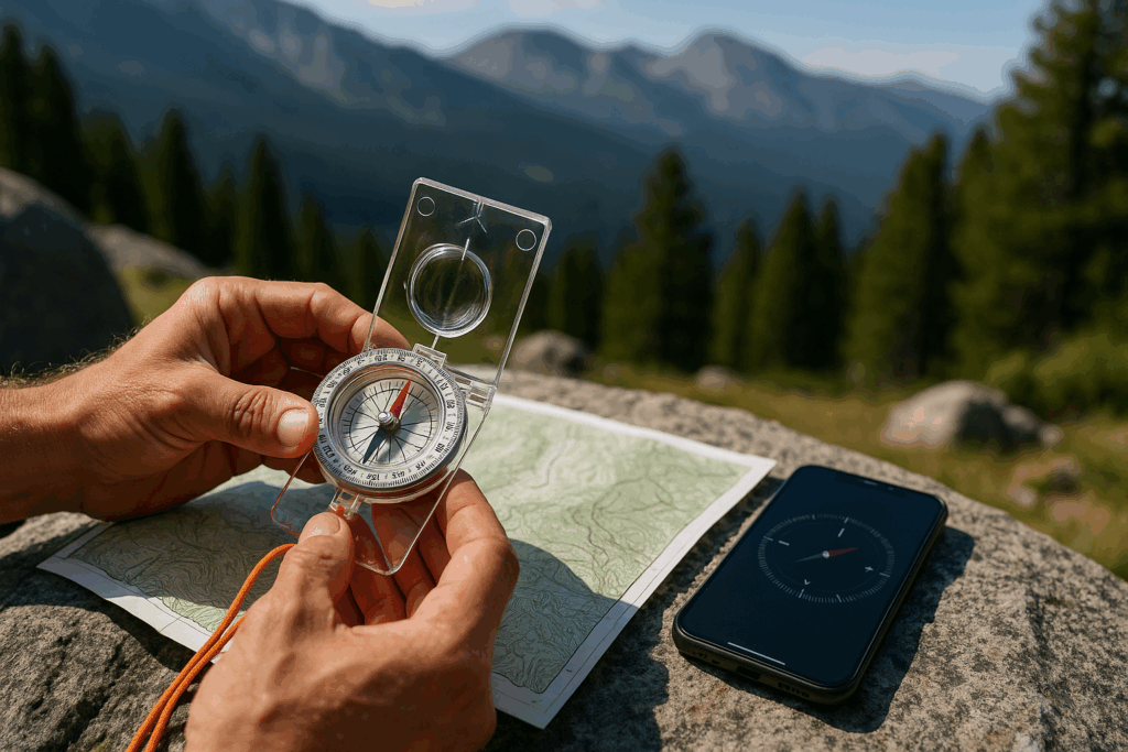 Hiker using a magnetic compass and a smartphone GPS over a topographic map.