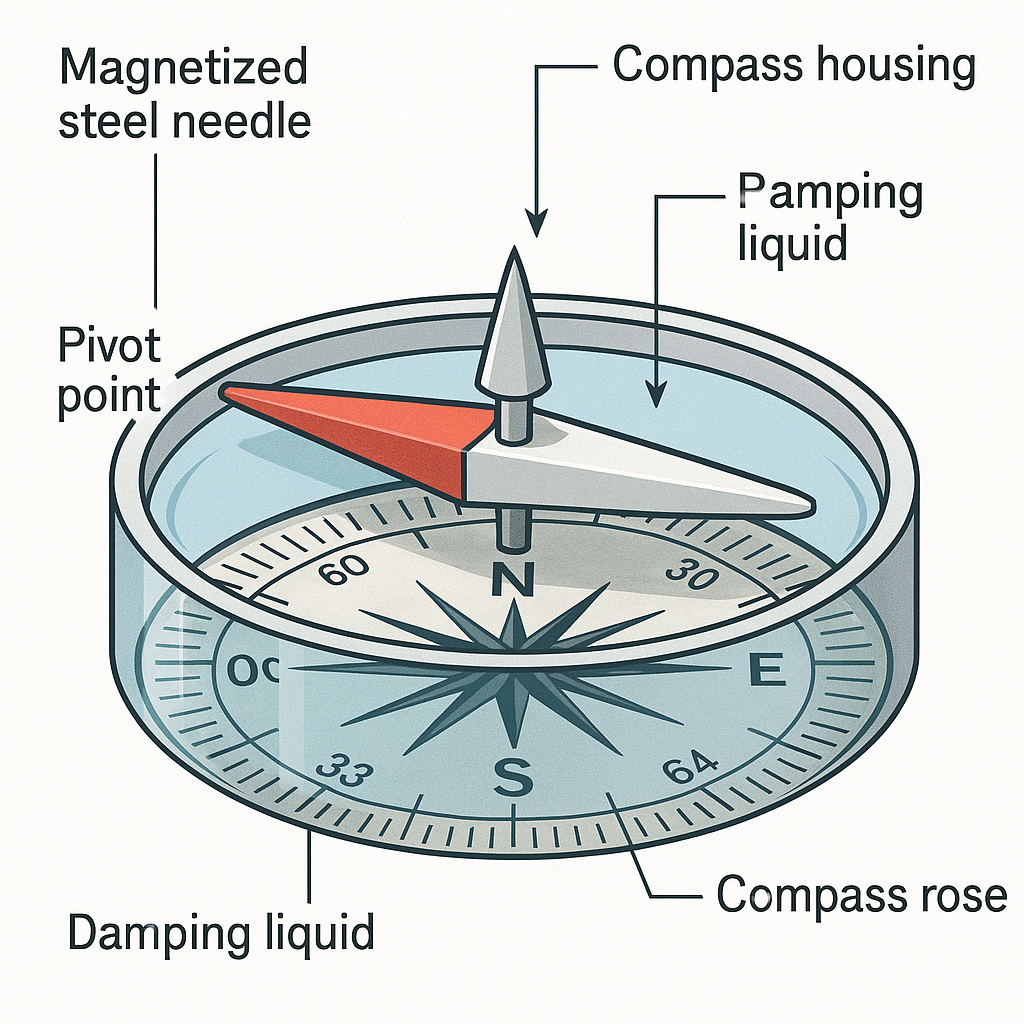Detailed cross-section diagram showing internal components of a magnetic compass including needle, pivot, housing, and compass rose.