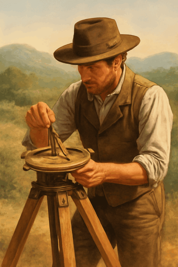 Historical illustration of a 19th-century land surveyor using William Austin Burt’s solar compass to determine true north.