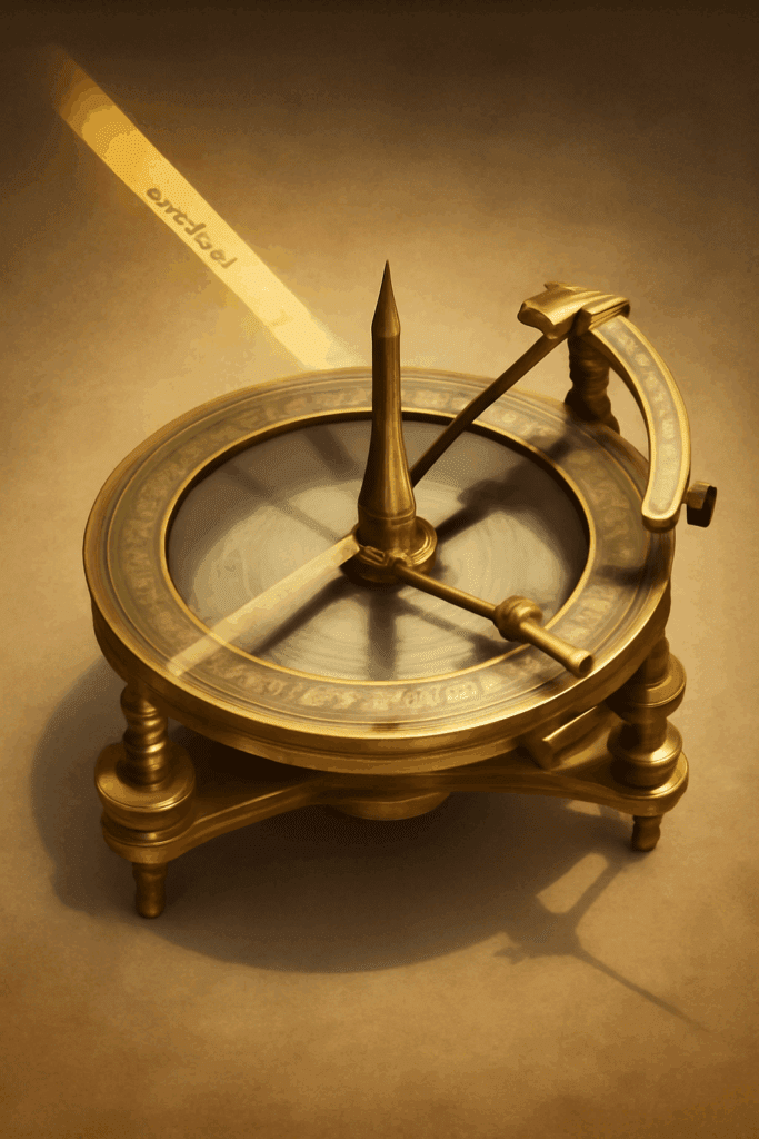 Diagram showing how a solar compass uses the gnomon's shadow, declination, and latitude settings to determine true north.